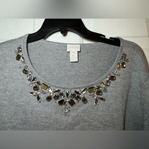 Chico Bejeweled Neckline Gray Scoop Neck Sweater Sparkle Fancy Size 3 (XL) Soft